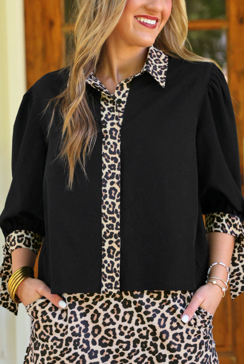 PREORDER- Cassidy Tie Sleeve Top- Black/Leopard-Top-Dear Me Southern Boutique, located in DeRidder, Louisiana