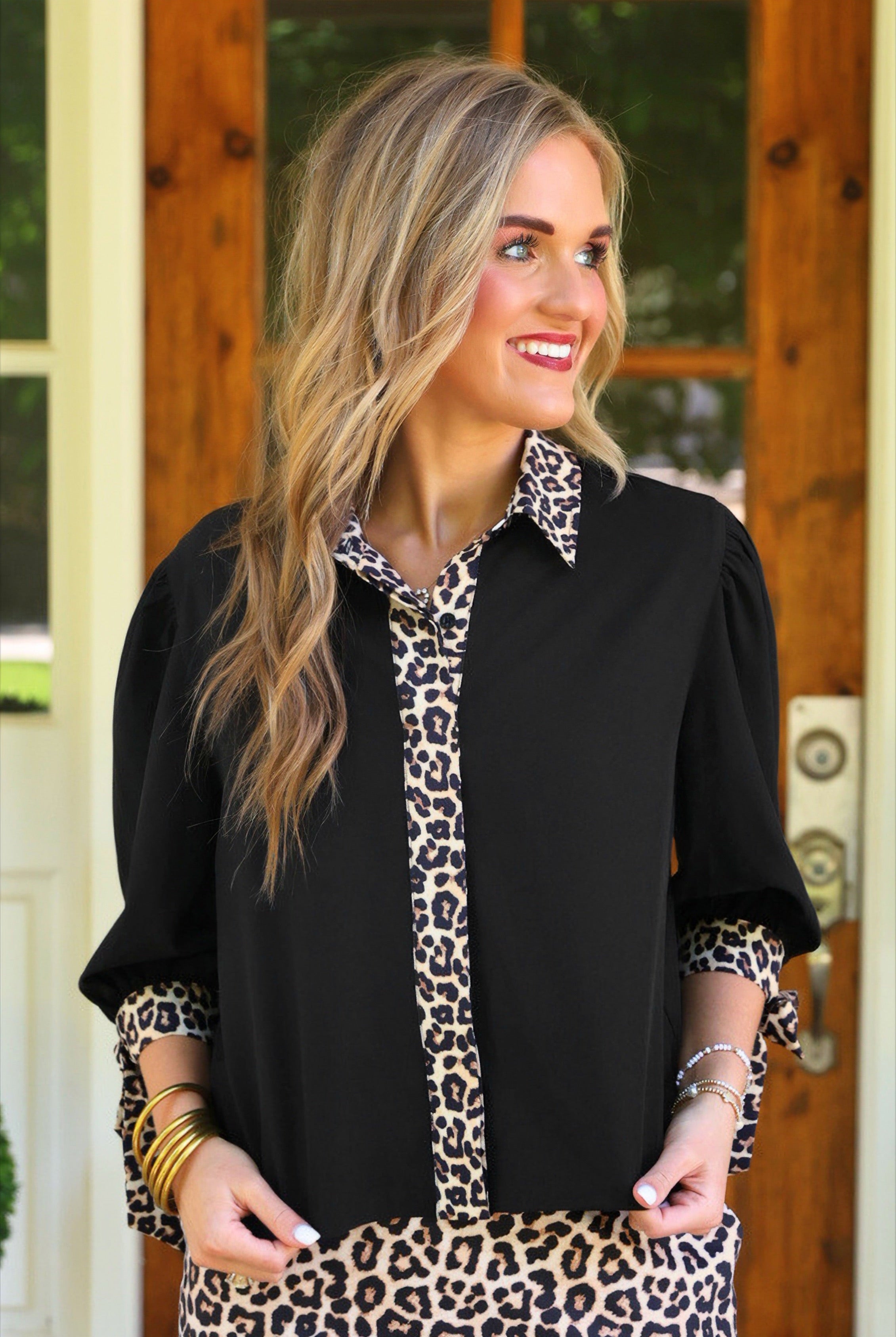 PREORDER- Cassidy Tie Sleeve Top- Black/Leopard-Top-Dear Me Southern Boutique, located in DeRidder, Louisiana
