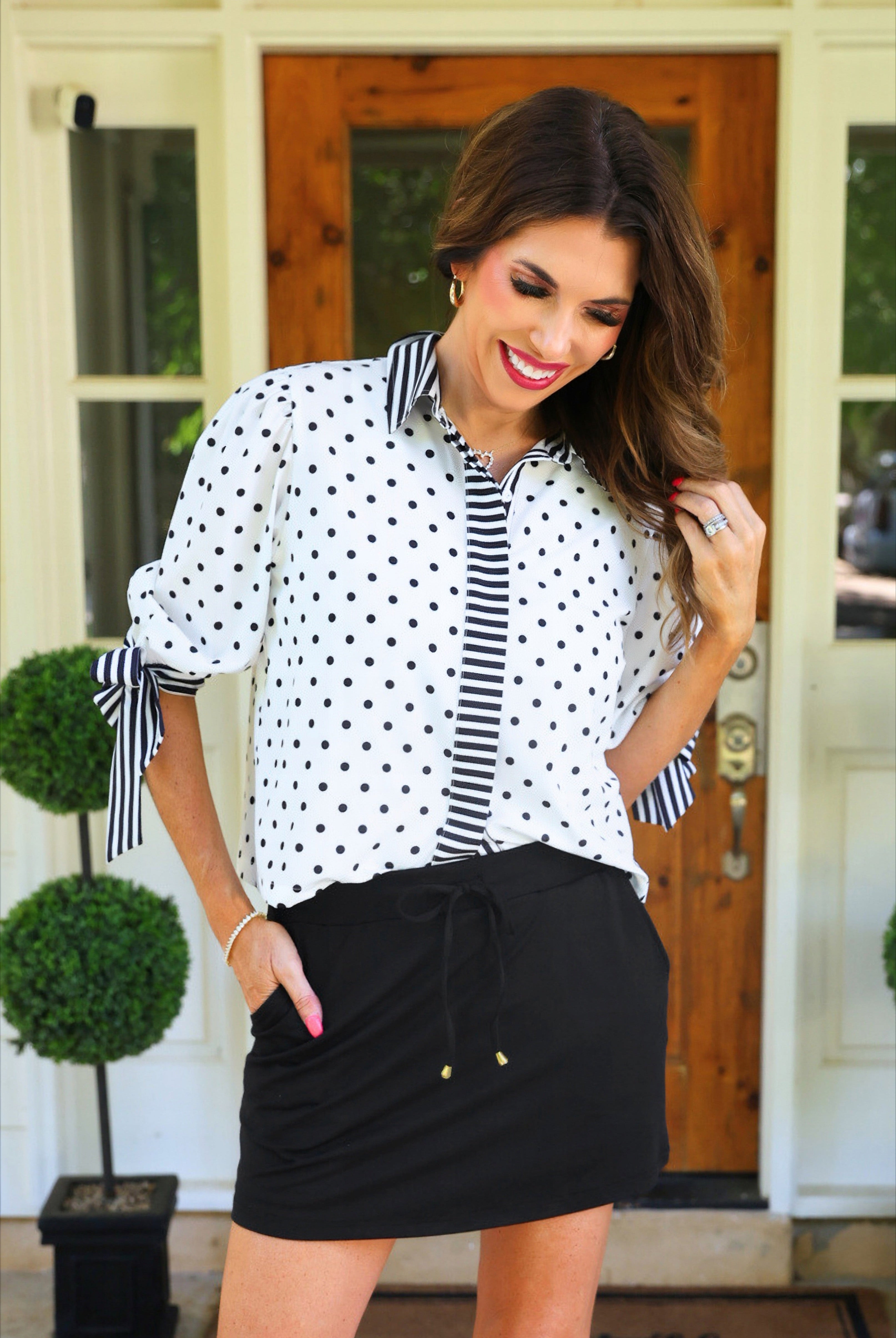 PREORDER- Cassidy Tie Sleeve Top- White Polka Dot/Stripes-Top-Dear Me Southern Boutique, located in DeRidder, Louisiana