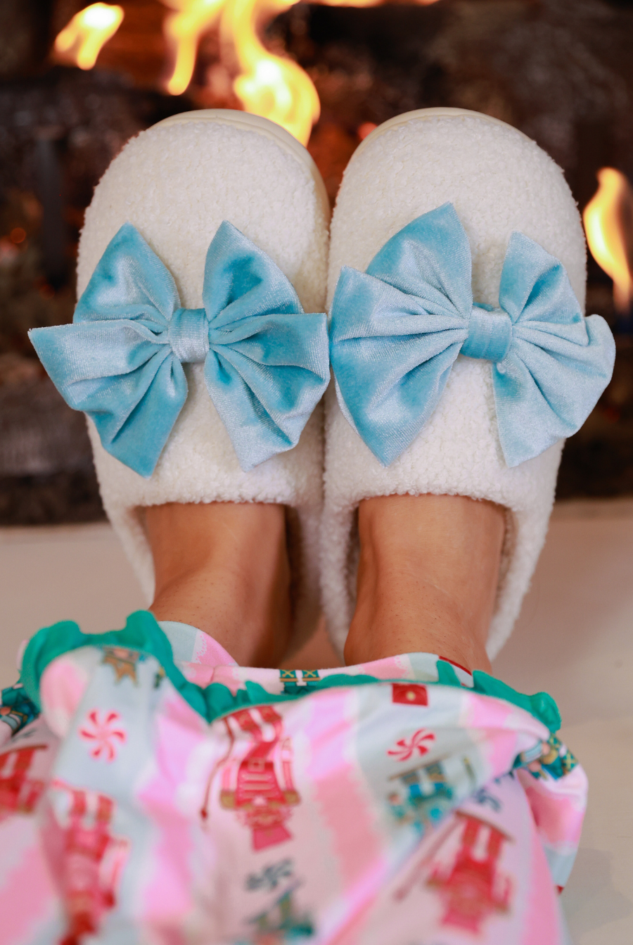 PREORDER- Cozy Bow Slippers- White/Aqua-Shoes-Dear Me Southern Boutique, located in DeRidder, Louisiana