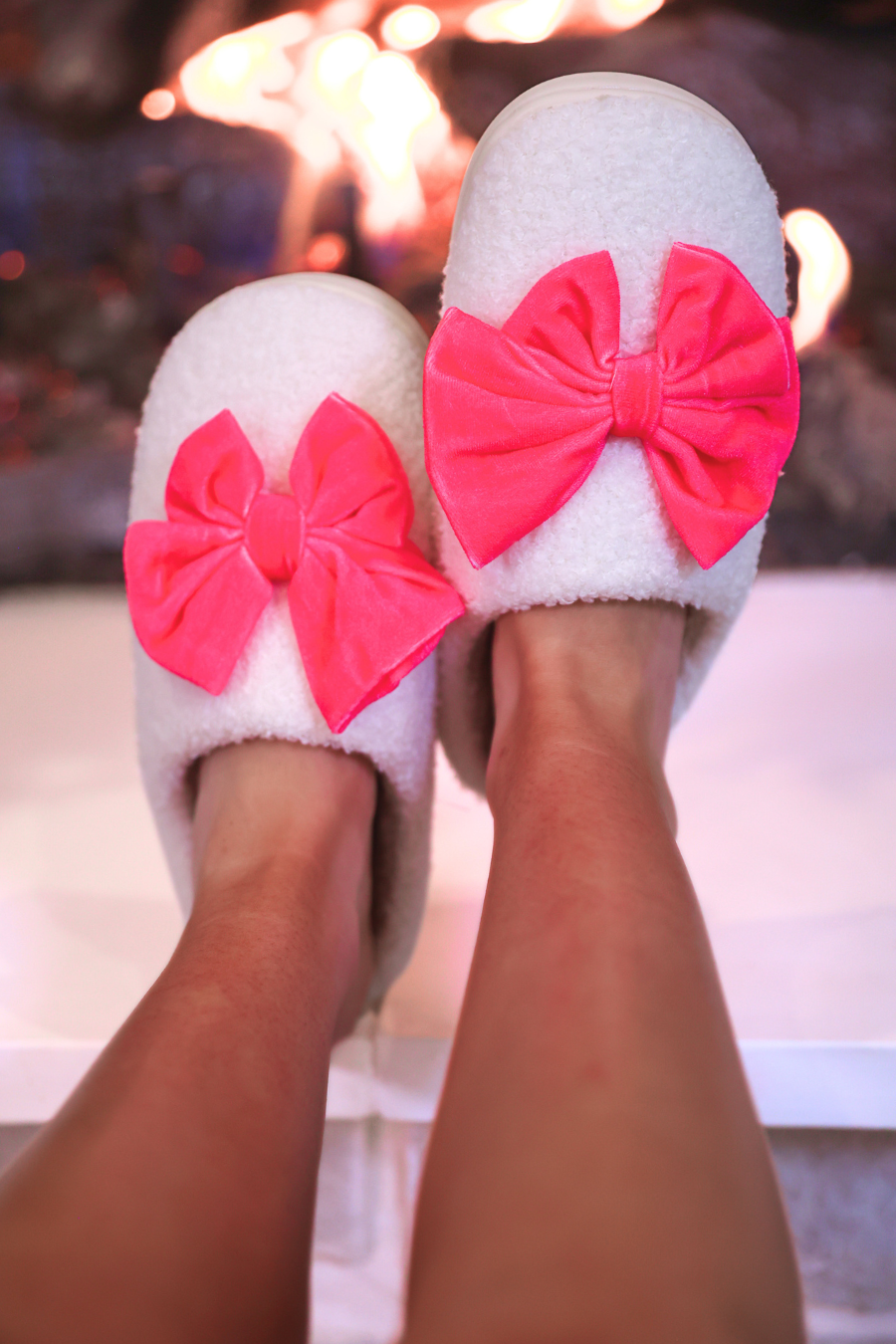 PREORDER- Cozy Bow Slippers- White/Hot Pink-Shoes-Dear Me Southern Boutique, located in DeRidder, Louisiana