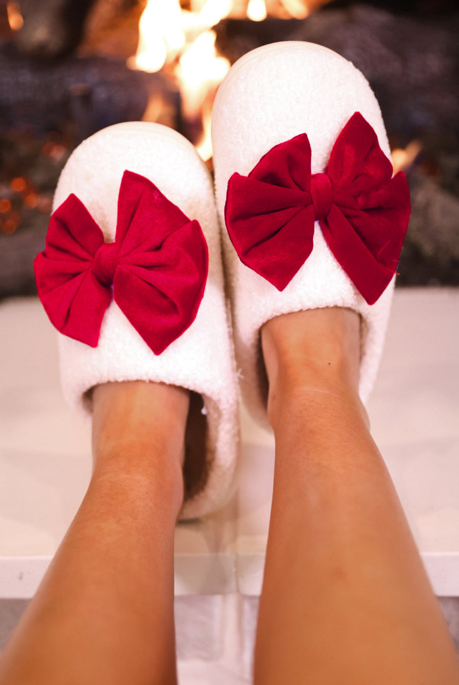 PREORDER- Cozy Bow Slippers- White/Red-Shoes-Dear Me Southern Boutique, located in DeRidder, Louisiana