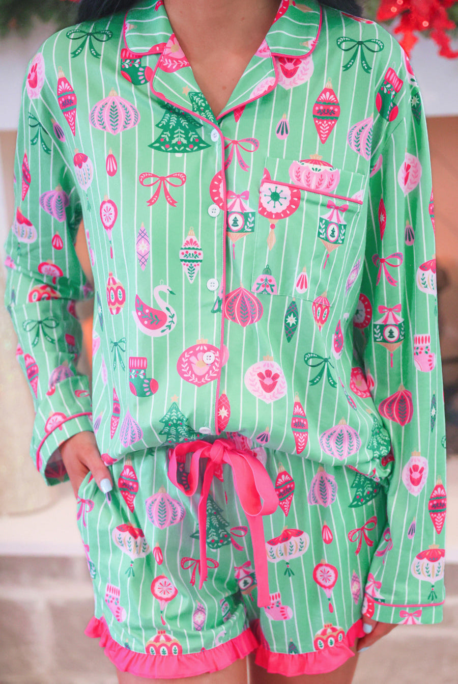 PREORDER- Decked in Ornaments Ruffle Pajama Set-Apparel Set-Dear Me Southern Boutique, located in DeRidder, Louisiana