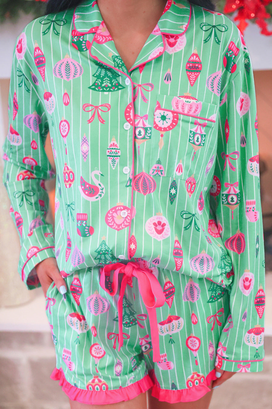 PREORDER- Decked in Ornaments Ruffle Pajama Set-Apparel Set-Dear Me Southern Boutique, located in DeRidder, Louisiana