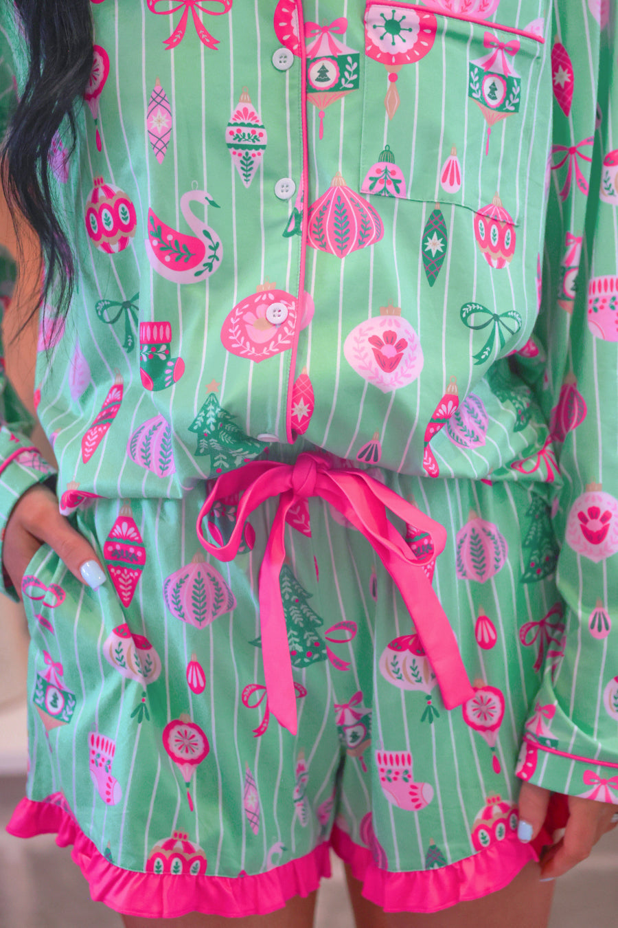 PREORDER- Decked in Ornaments Ruffle Pajama Set-Apparel Set-Dear Me Southern Boutique, located in DeRidder, Louisiana