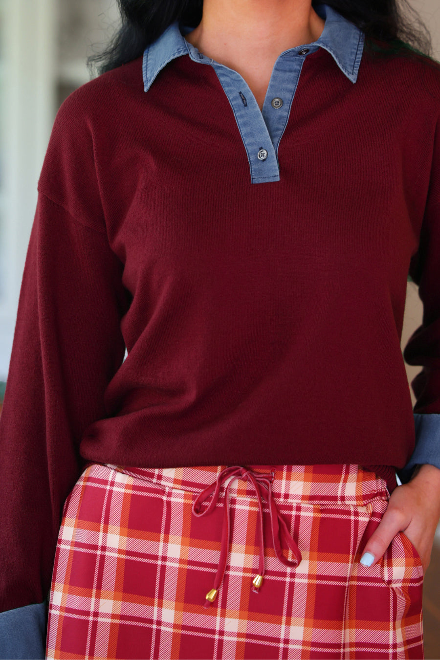 PREORDER- Denim Trim Knit Sweater- Burgundy-Top-Dear Me Southern Boutique, located in DeRidder, Louisiana