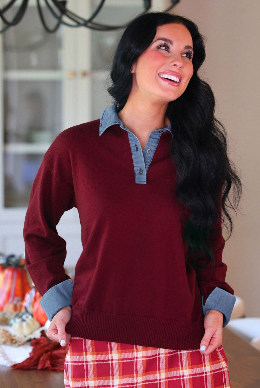 PREORDER- Denim Trim Knit Sweater- Burgundy-Top-Dear Me Southern Boutique, located in DeRidder, Louisiana