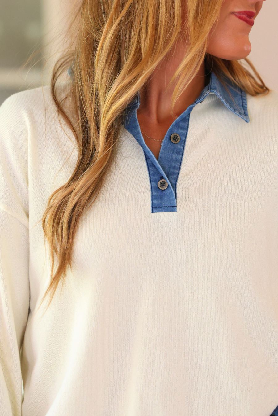 PREORDER- Denim Trim Knit Sweater- Cream-Top-Dear Me Southern Boutique, located in DeRidder, Louisiana