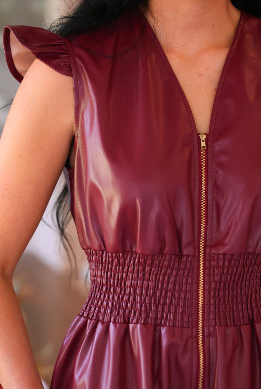 PREORDER- Downtown Leather Zipper Dress- Burgundy-Dress-Dear Me Southern Boutique, located in DeRidder, Louisiana
