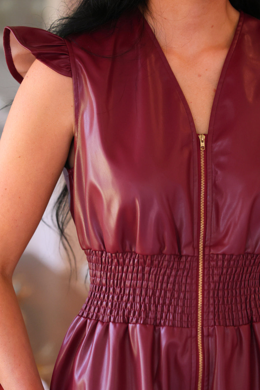 PREORDER- Downtown Leather Zipper Dress- Burgundy-Dress-Dear Me Southern Boutique, located in DeRidder, Louisiana
