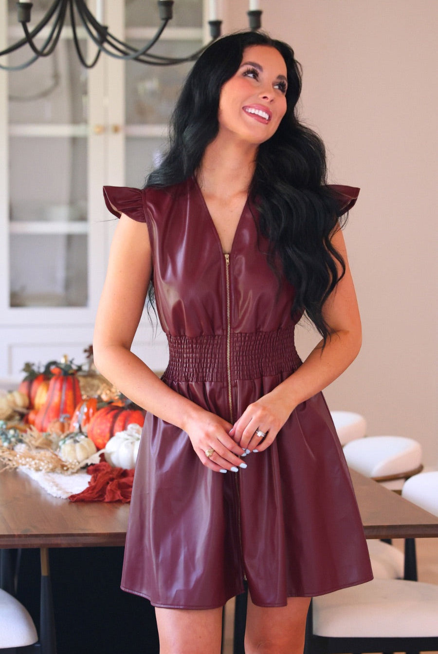 PREORDER- Downtown Leather Zipper Dress- Burgundy-Dress-Dear Me Southern Boutique, located in DeRidder, Louisiana