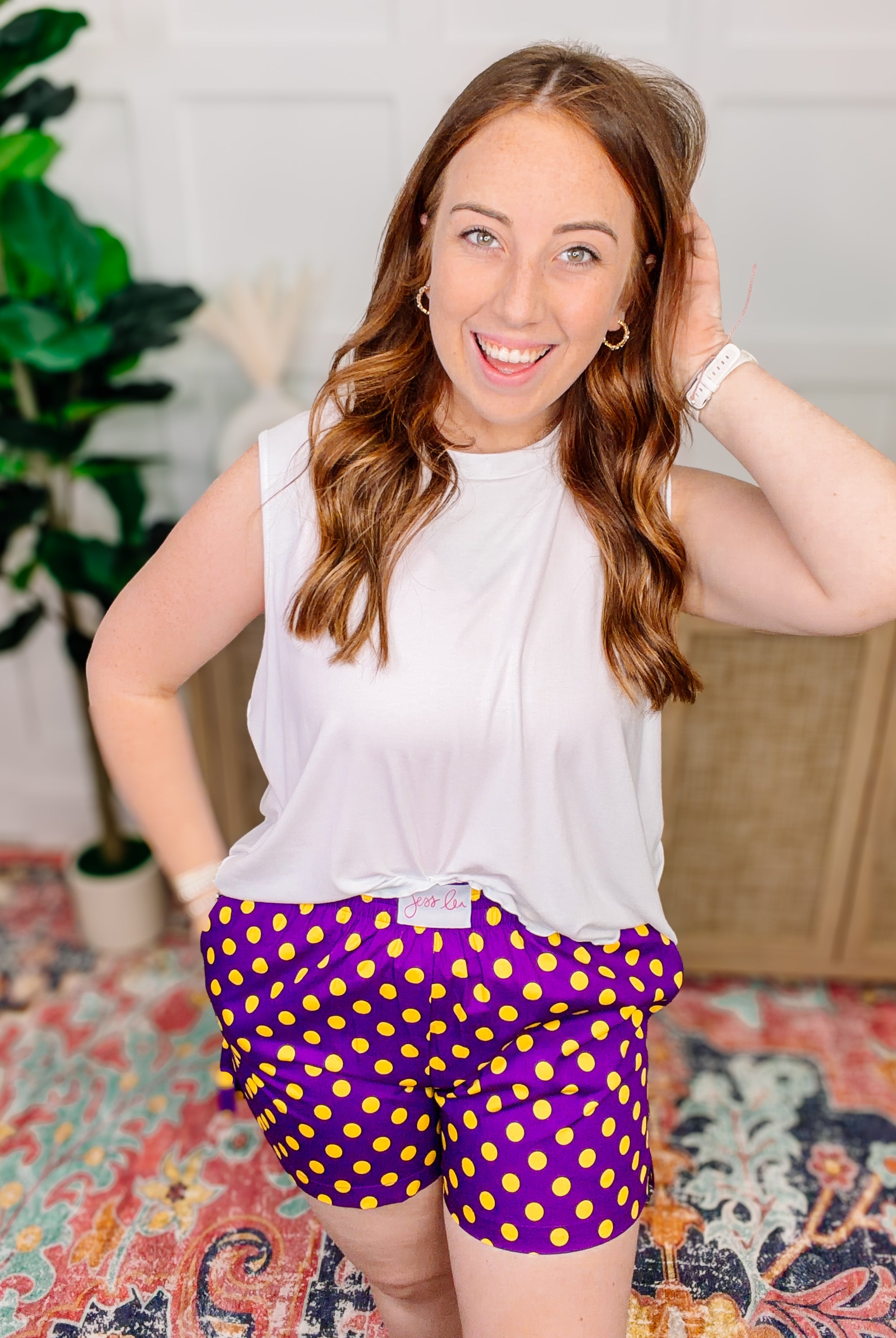 PREORDER: Easy Win Polka Dot Boxer Shorts- Purple-Bottoms-Dear Me Southern Boutique, located in DeRidder, Louisiana