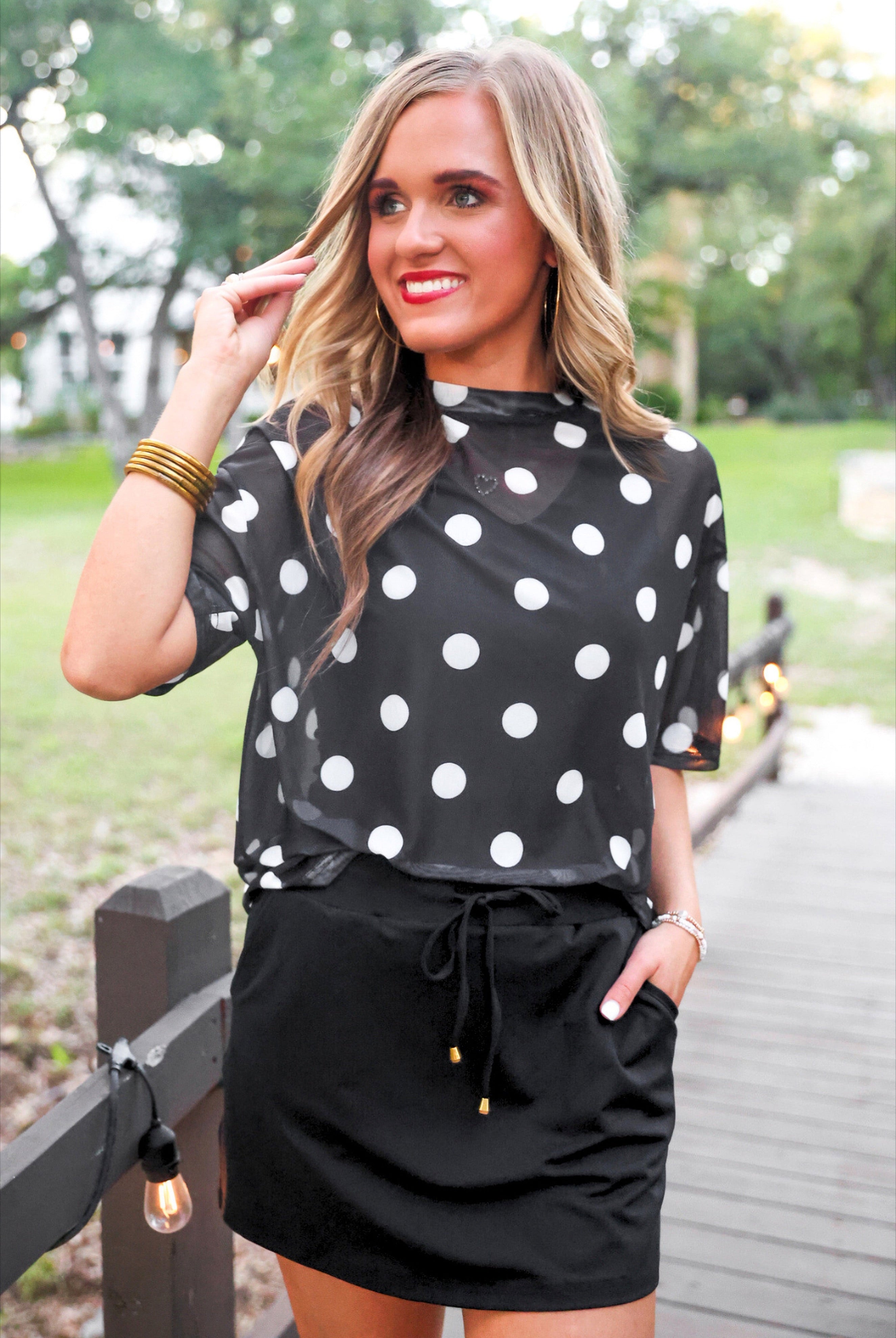 PREORDER- Emma Mesh Tee- After Dark Polka Dot-Top-Dear Me Southern Boutique, located in DeRidder, Louisiana