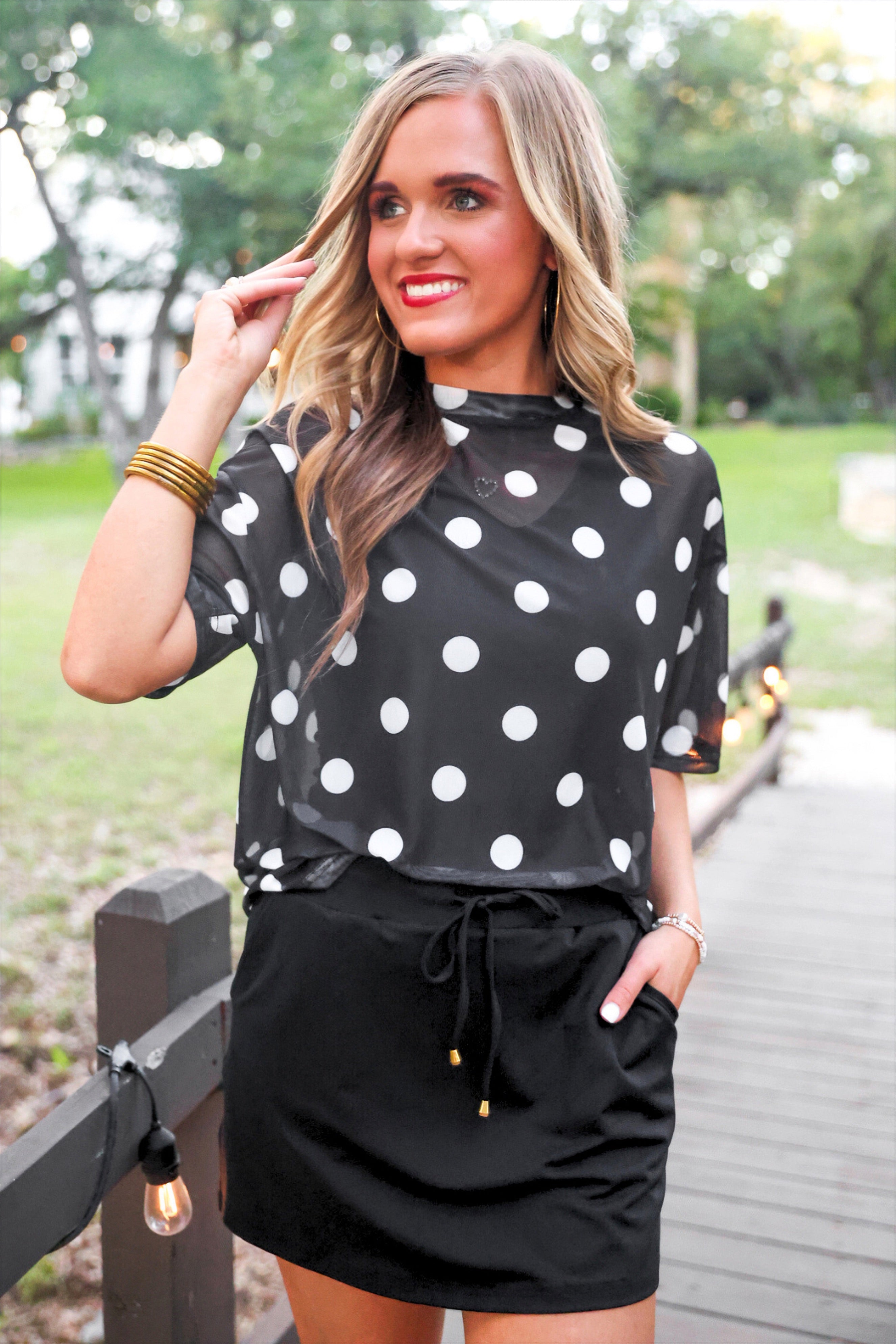 PREORDER- Emma Mesh Tee- After Dark Polka Dot-Top-Dear Me Southern Boutique, located in DeRidder, Louisiana
