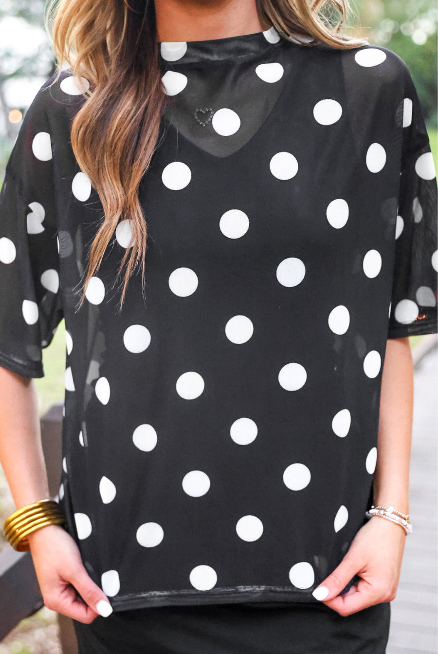 PREORDER- Emma Mesh Tee- After Dark Polka Dot-Top-Dear Me Southern Boutique, located in DeRidder, Louisiana