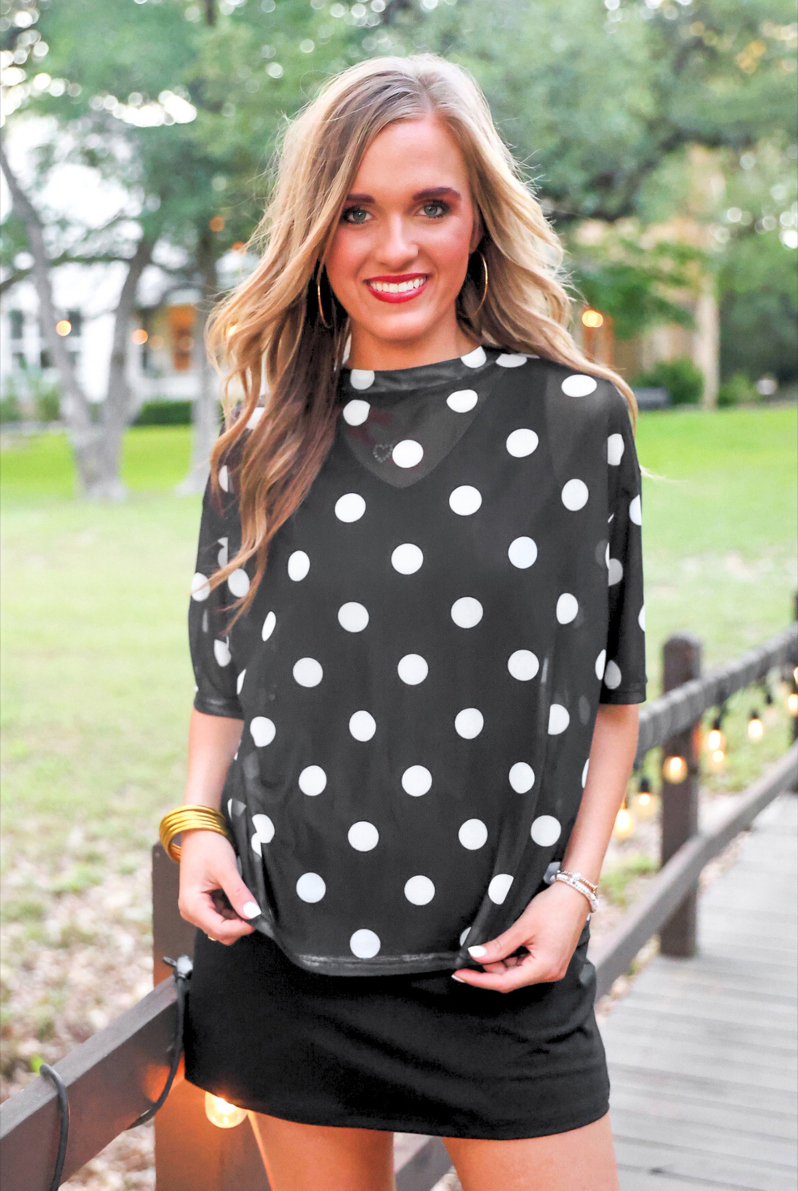 PREORDER- Emma Mesh Tee- After Dark Polka Dot-Top-Dear Me Southern Boutique, located in DeRidder, Louisiana