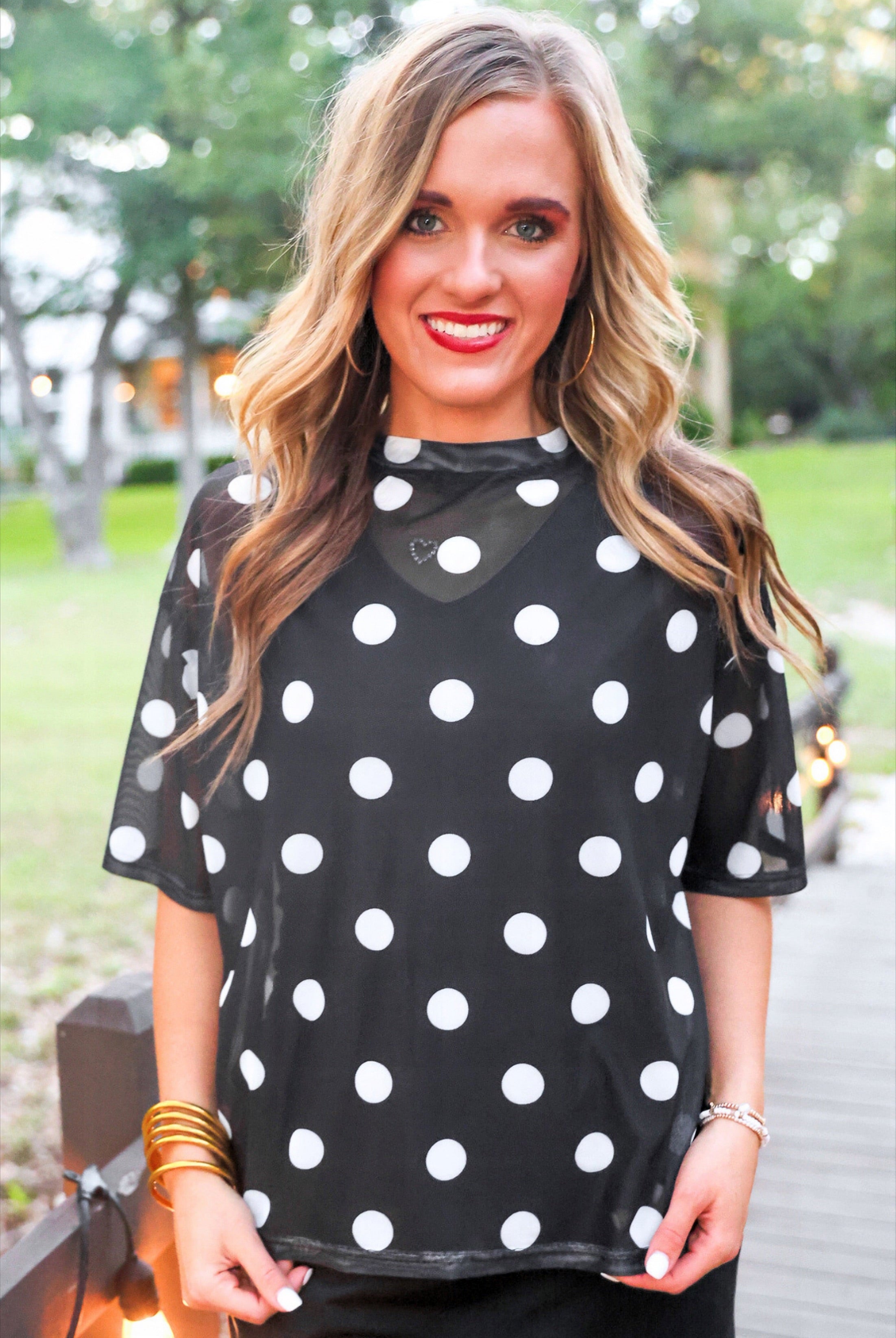 PREORDER- Emma Mesh Tee- After Dark Polka Dot-Top-Dear Me Southern Boutique, located in DeRidder, Louisiana