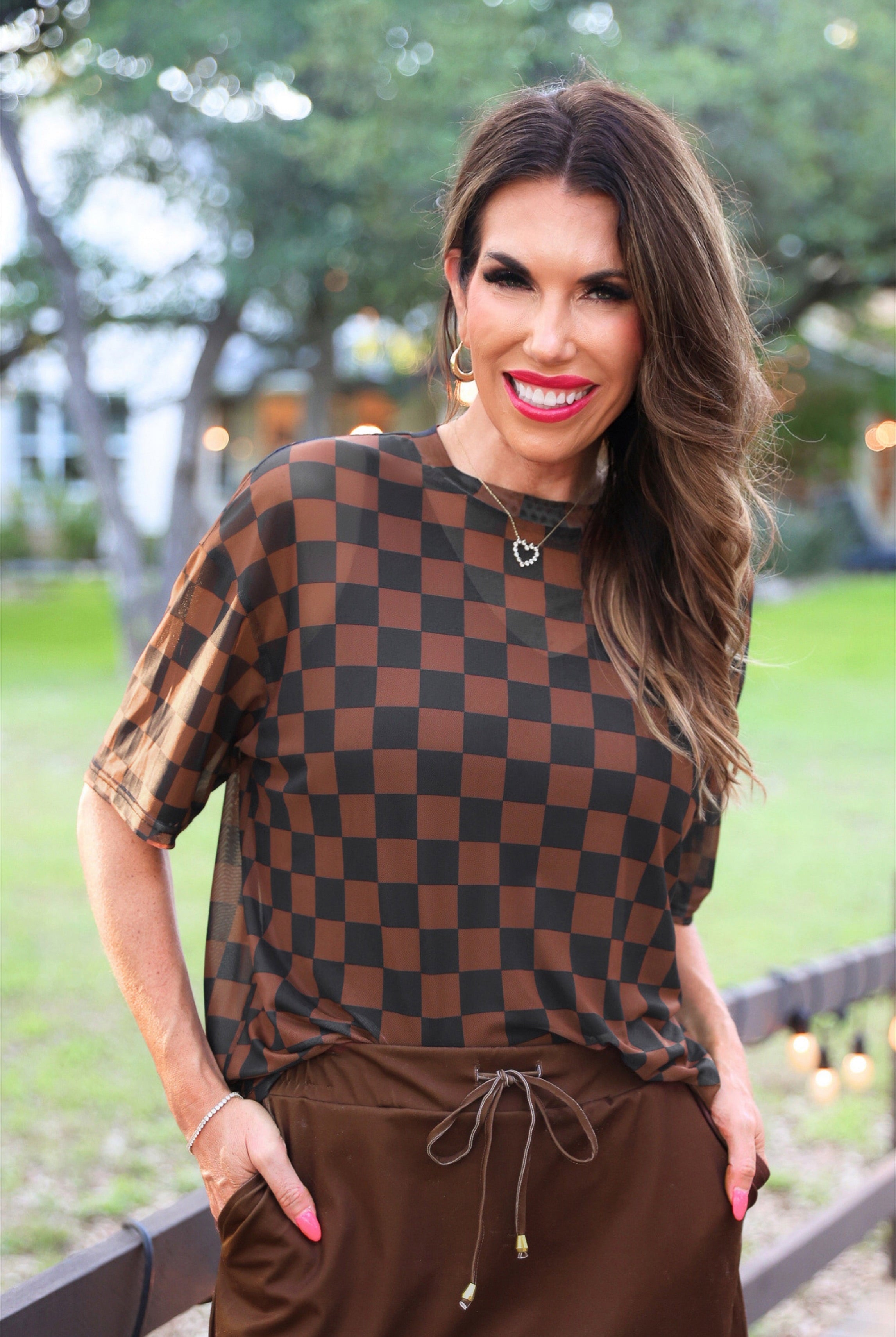 PREORDER- Emma Mesh Tee- Black and Chocolate Checkered-Top-Dear Me Southern Boutique, located in DeRidder, Louisiana