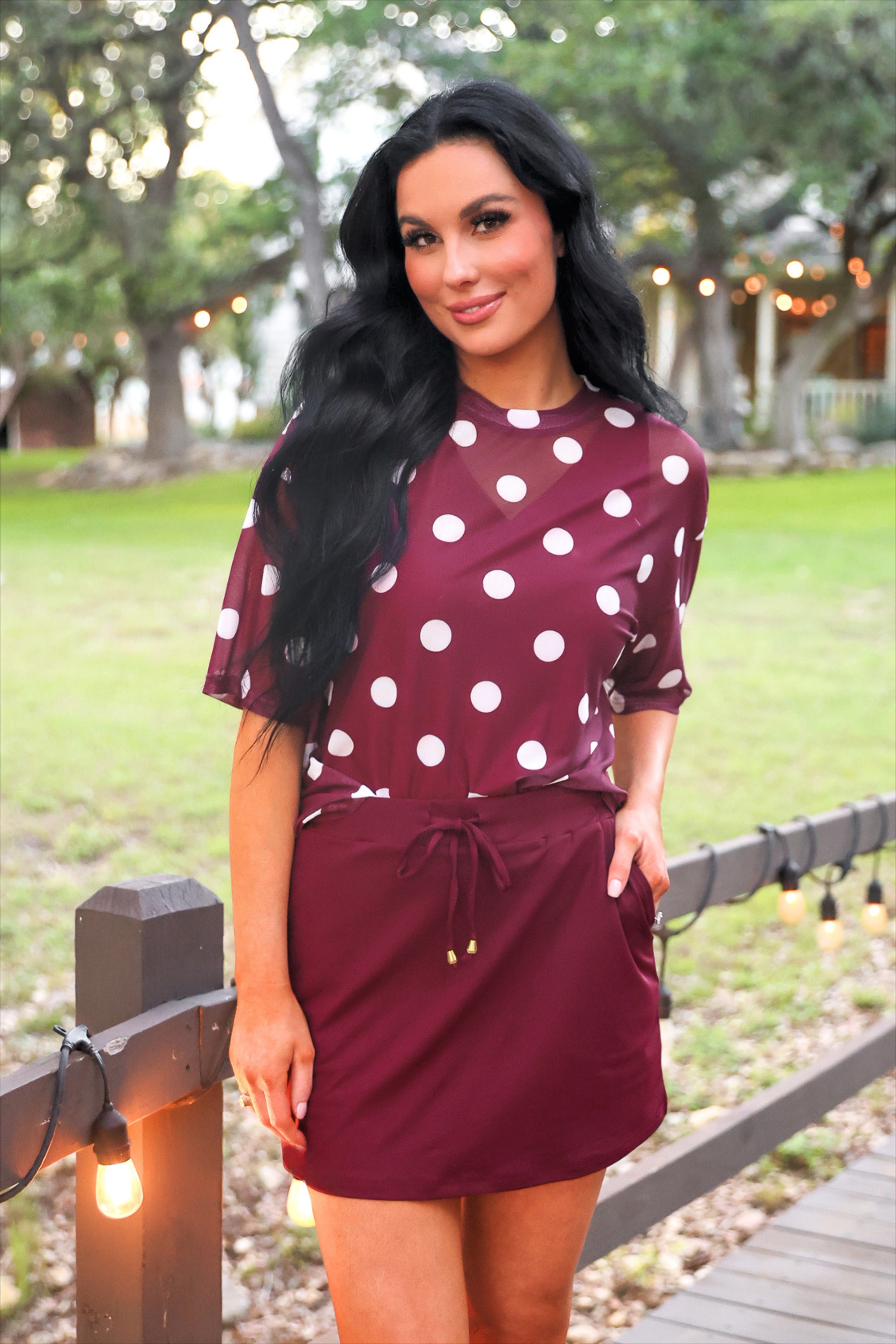 PREORDER- Emma Mesh Tee- Burgundy Polka Dot-Top-Dear Me Southern Boutique, located in DeRidder, Louisiana