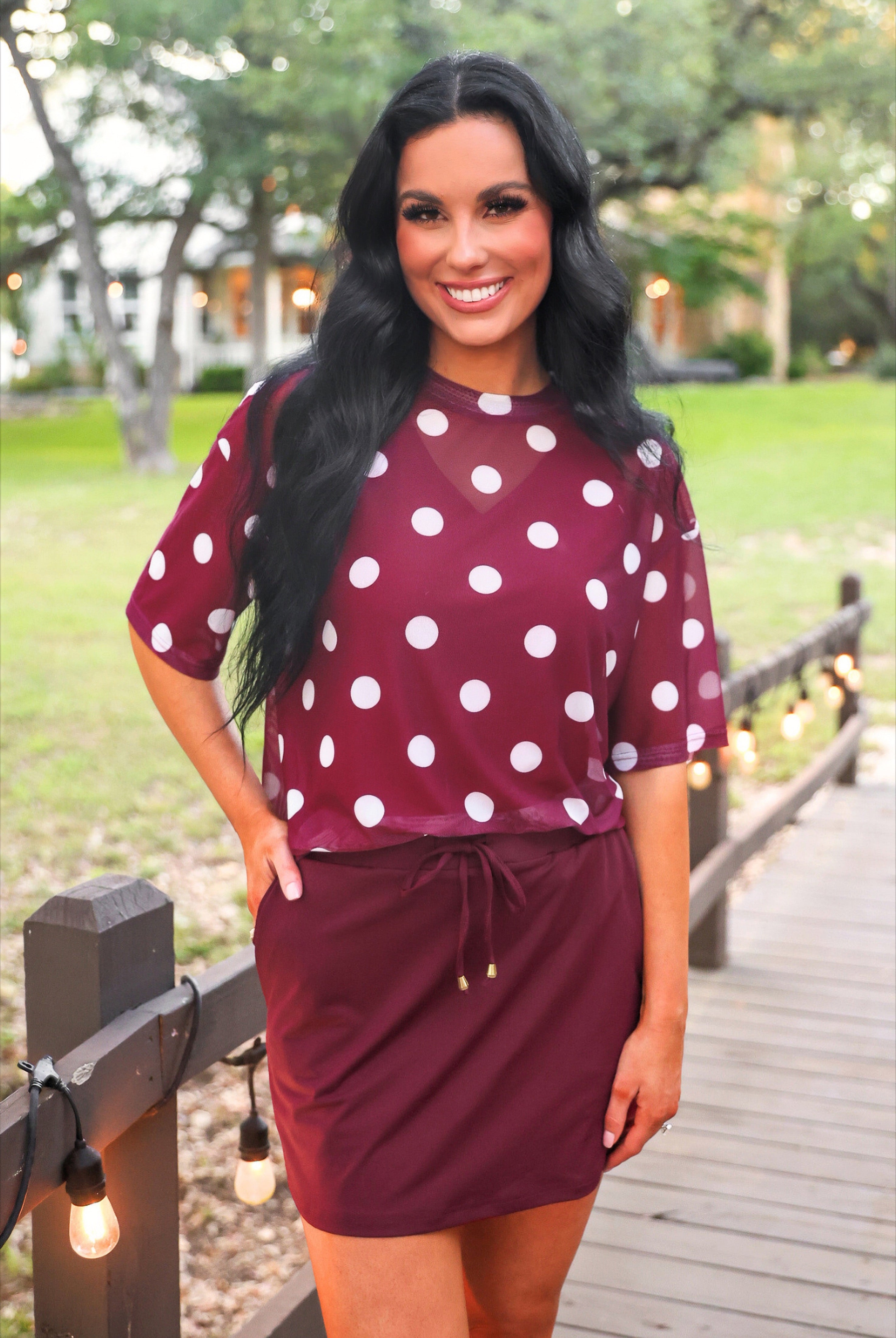 PREORDER- Emma Mesh Tee- Burgundy Polka Dot-Top-Dear Me Southern Boutique, located in DeRidder, Louisiana