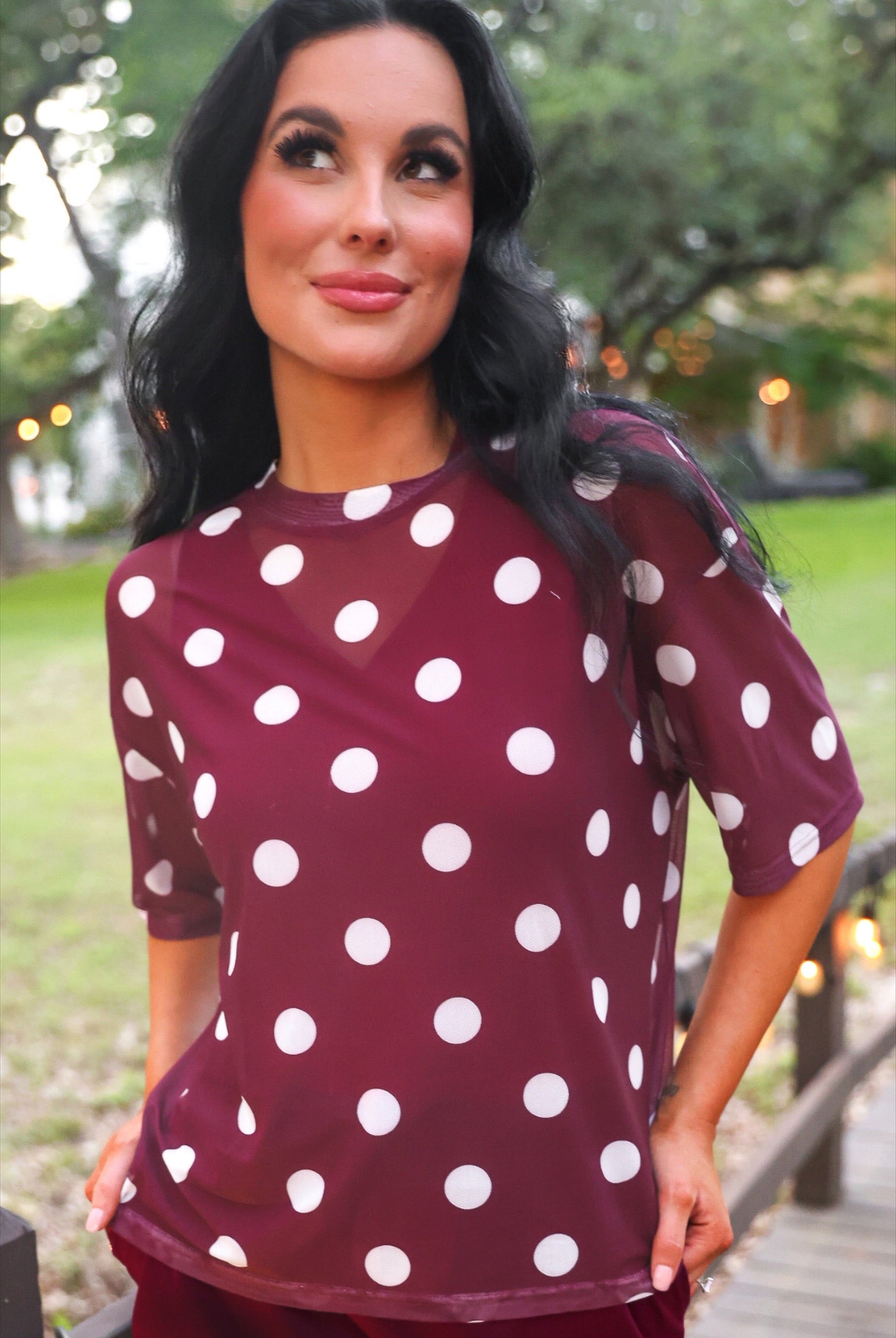 PREORDER- Emma Mesh Tee- Burgundy Polka Dot-Top-Dear Me Southern Boutique, located in DeRidder, Louisiana