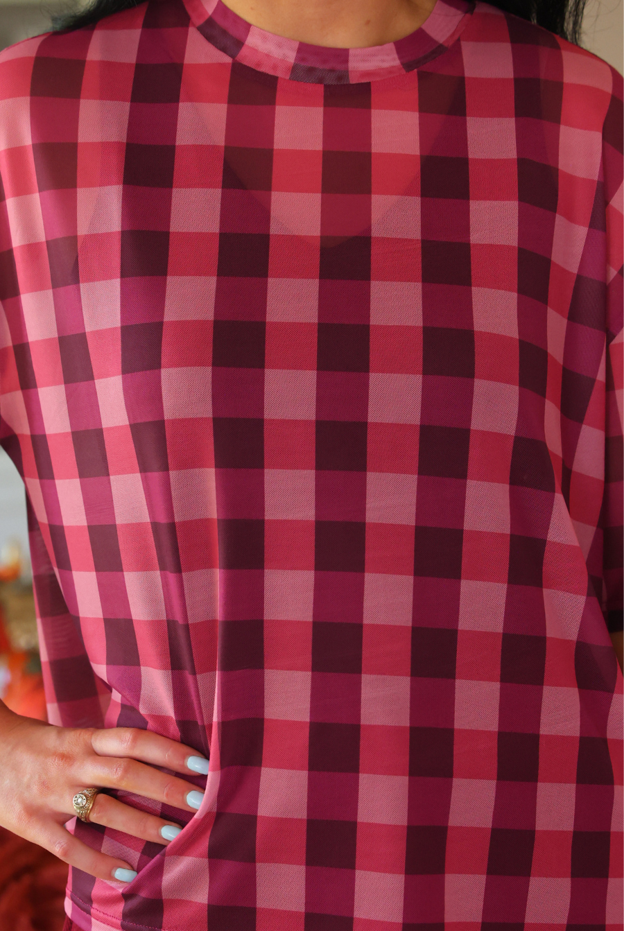 PREORDER- Emma Mesh Tee- Cranberry Gingham-Top-Dear Me Southern Boutique, located in DeRidder, Louisiana