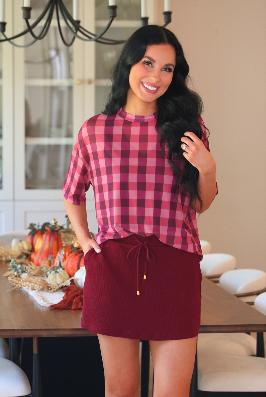 PREORDER- Emma Mesh Tee- Cranberry Gingham-Top-Dear Me Southern Boutique, located in DeRidder, Louisiana