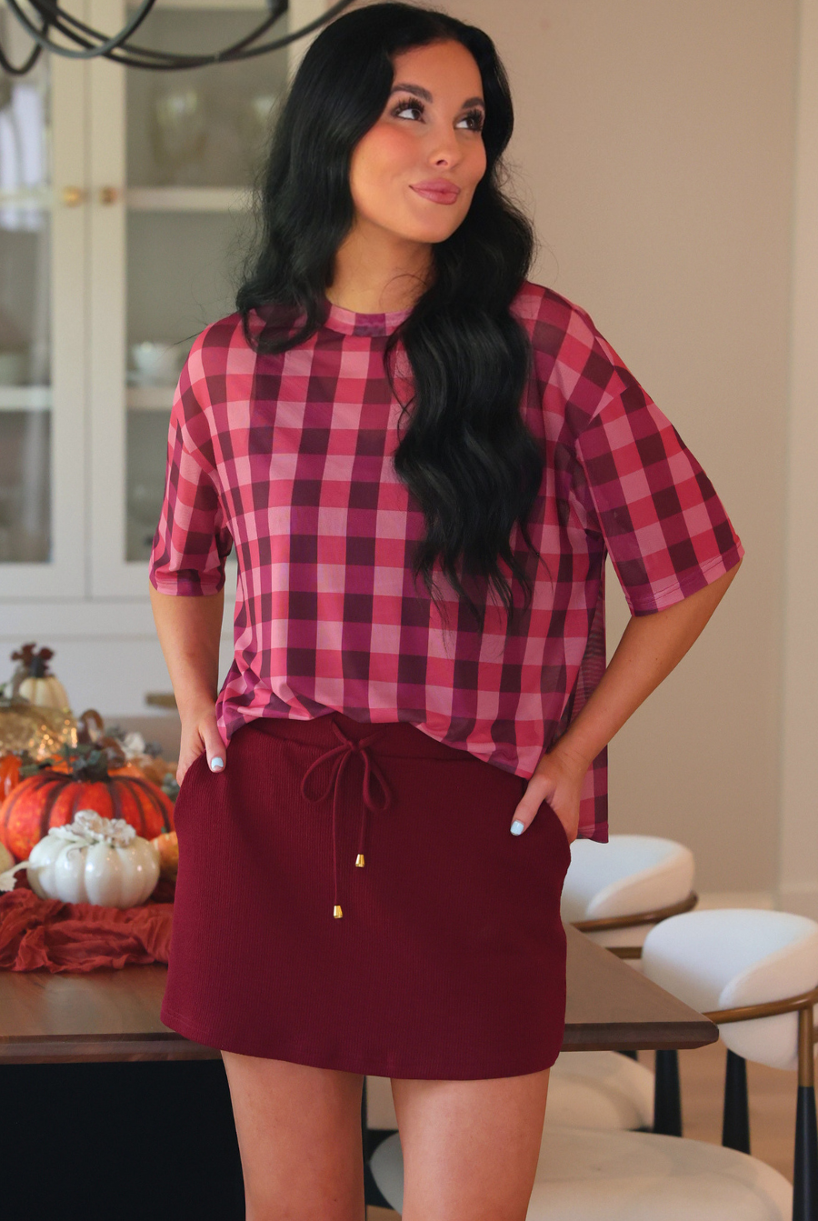 PREORDER- Emma Mesh Tee- Cranberry Gingham-Top-Dear Me Southern Boutique, located in DeRidder, Louisiana
