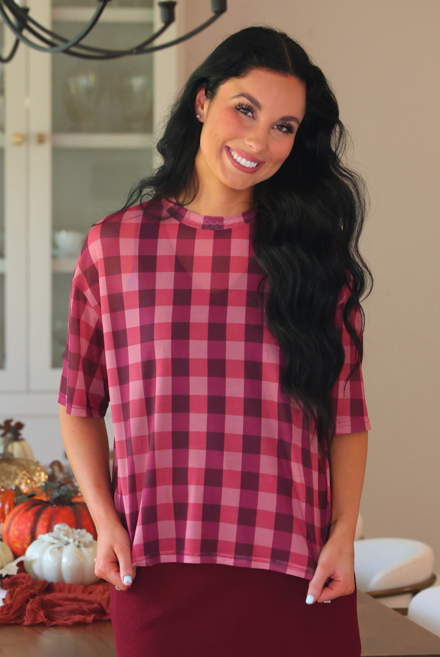 PREORDER- Emma Mesh Tee- Cranberry Gingham-Top-Dear Me Southern Boutique, located in DeRidder, Louisiana