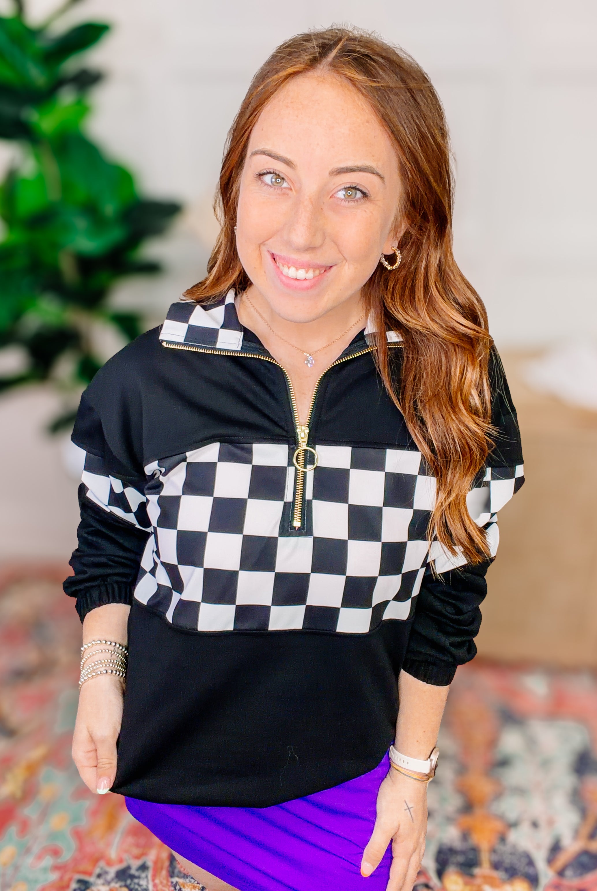 PREORDER: End Zone Checkered Pullover- Black-Top-Dear Me Southern Boutique, located in DeRidder, Louisiana