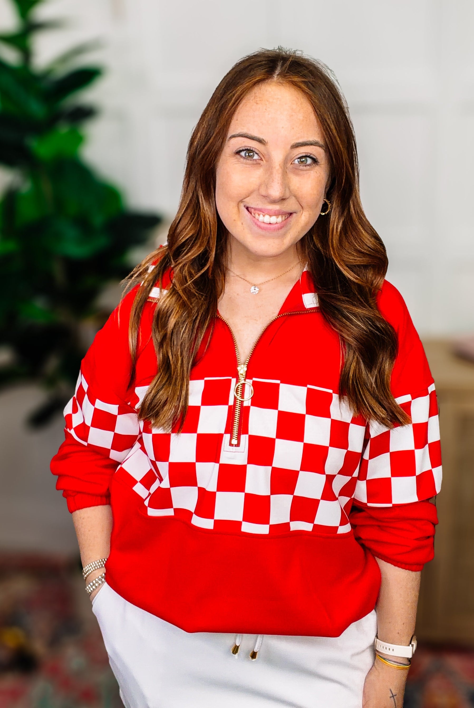 PREORDER: End Zone Checkered Pullover- Red-Top-Dear Me Southern Boutique, located in DeRidder, Louisiana