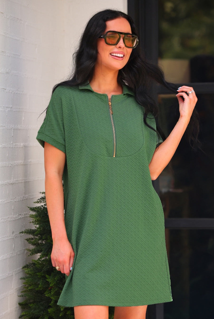PREORDER- Ezra Textured Zipper Dress- Olive-Dress-Dear Me Southern Boutique, located in DeRidder, Louisiana