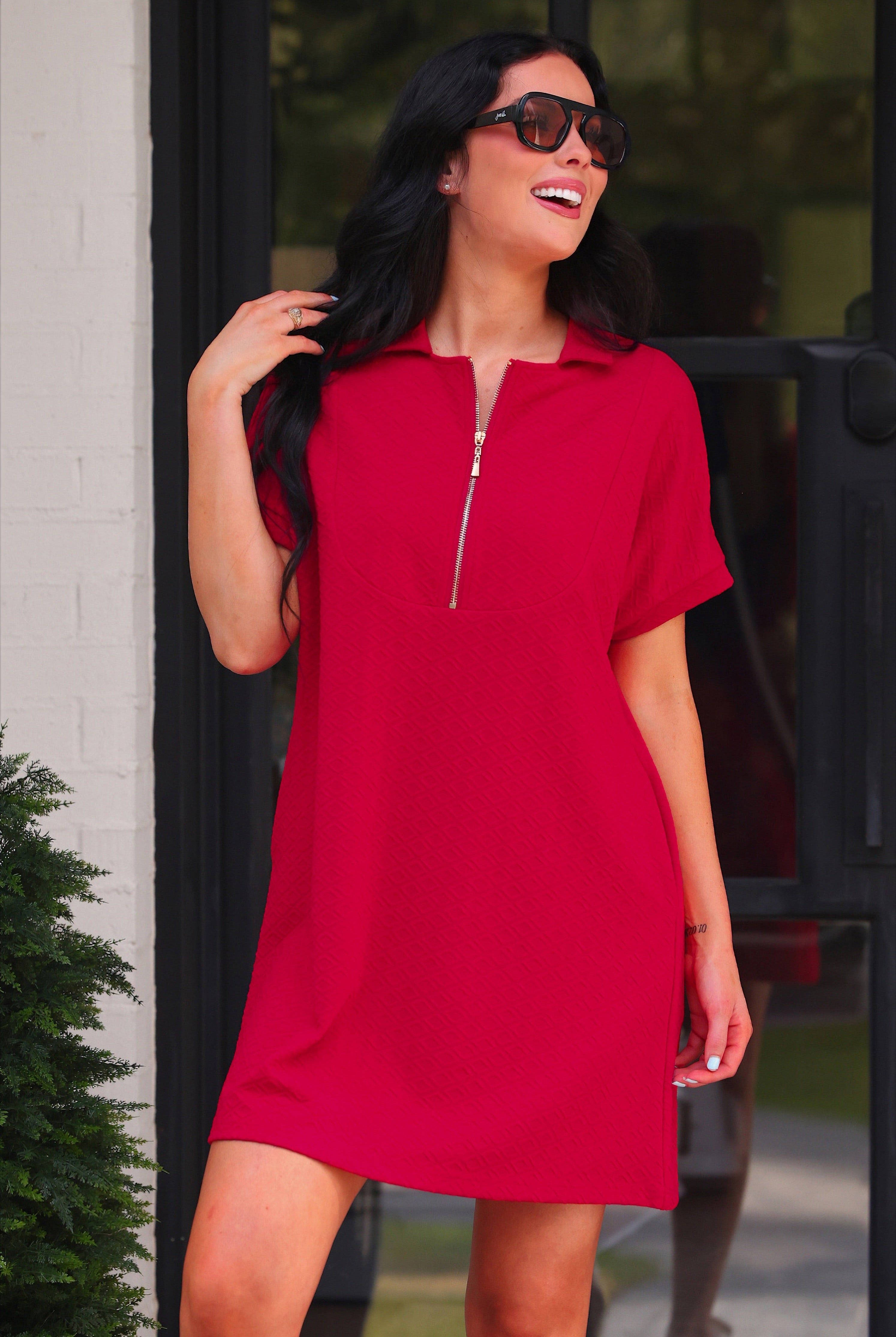 PREORDER- Ezra Textured Zipper Dress- Red-Dress-Dear Me Southern Boutique, located in DeRidder, Louisiana