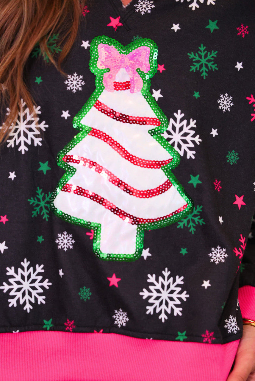 PREORDER- Foil Bow Christmas Treat Snowflake Pullover-Pullover-Dear Me Southern Boutique, located in DeRidder, Louisiana