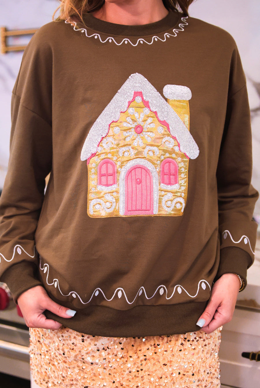 PREORDER- Foil Gingerbread House Pullover-pullover-Dear Me Southern Boutique, located in DeRidder, Louisiana