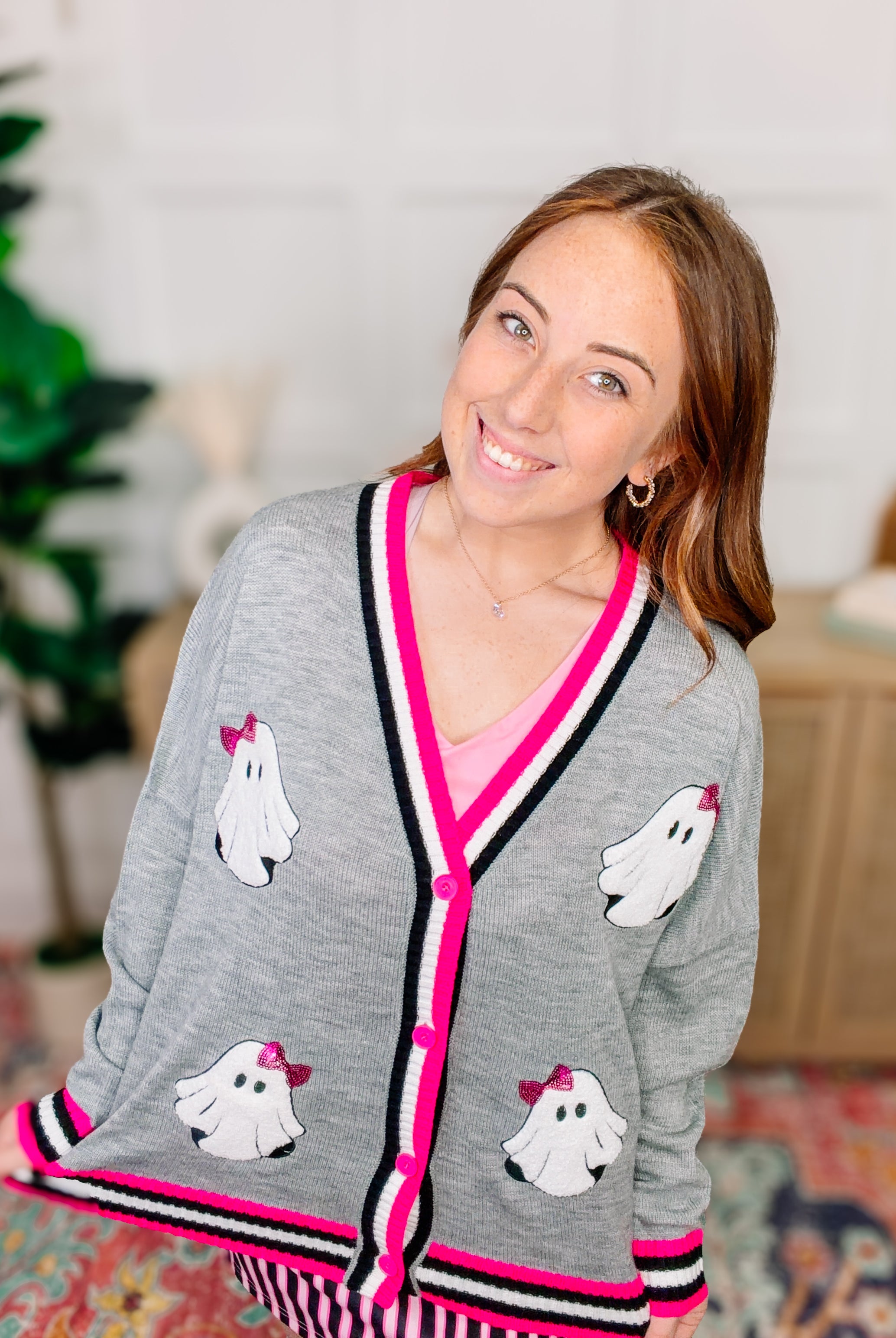 PREORDER: Gigi the Ghost Chenille Patch Cardigan-Cardigans-Dear Me Southern Boutique, located in DeRidder, Louisiana