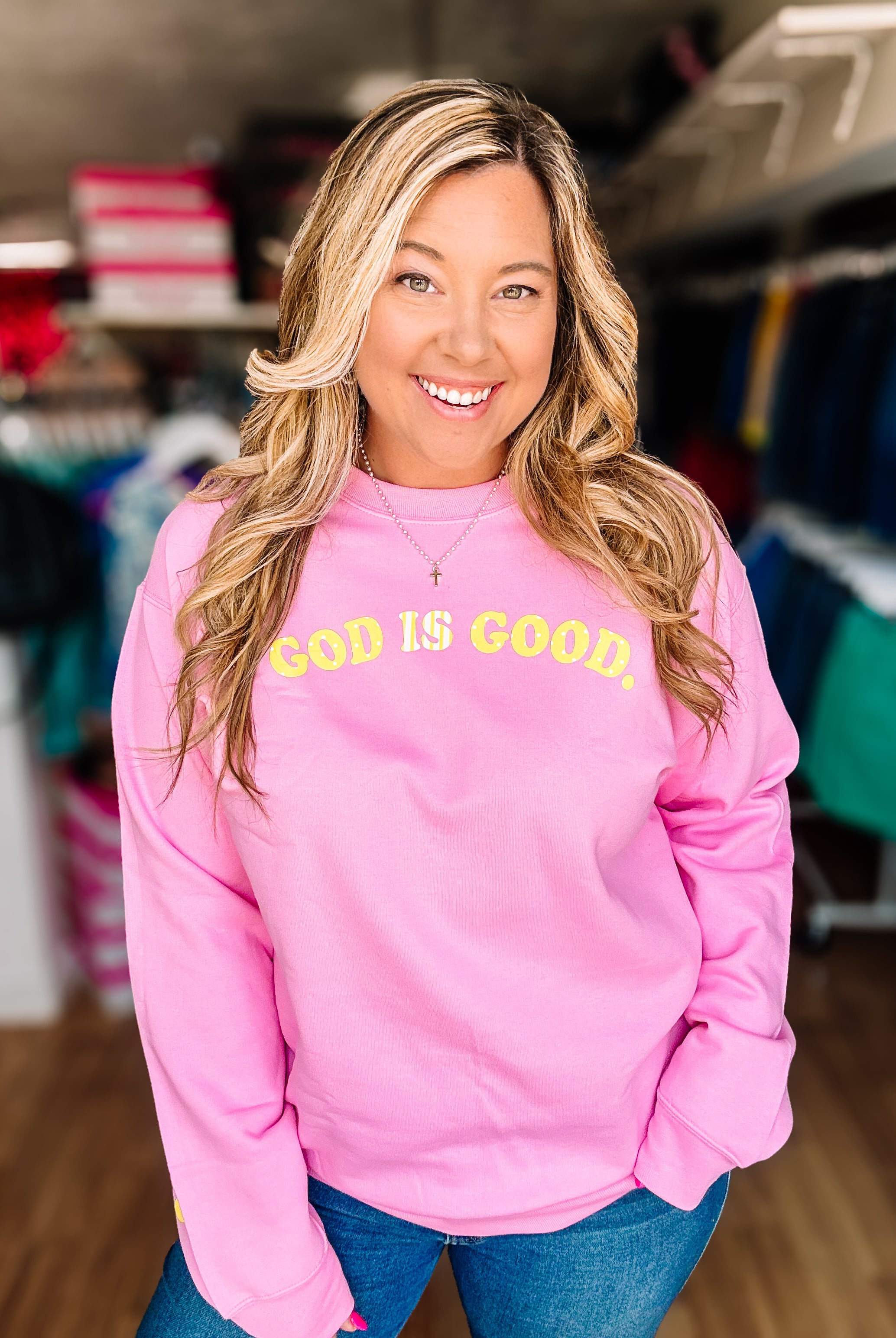 PREORDER God is Good Large Print Sweatshirt-Sweatshirt-Dear Me Southern Boutique, located in DeRidder, Louisiana