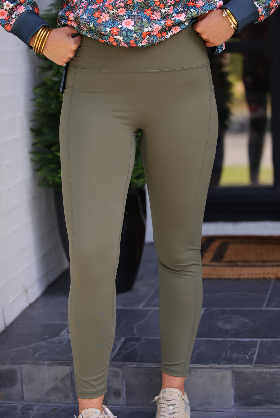 PREORDER- High Waisted Pocket Compression Leggings- Olive-Bottoms-Dear Me Southern Boutique, located in DeRidder, Louisiana