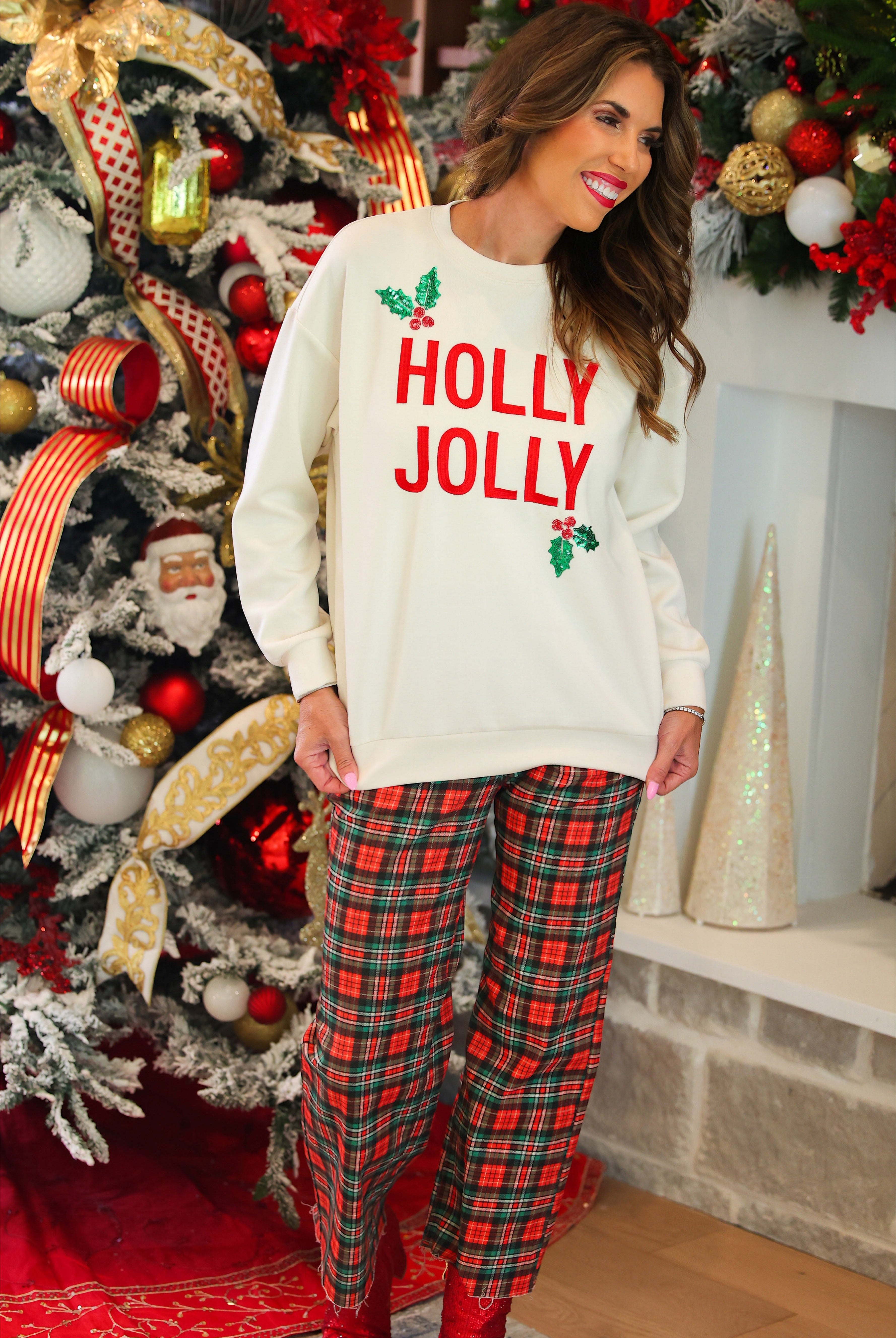 PREORDER- Holly Jolly Holiday Luxe Pullover-pullover-Dear Me Southern Boutique, located in DeRidder, Louisiana