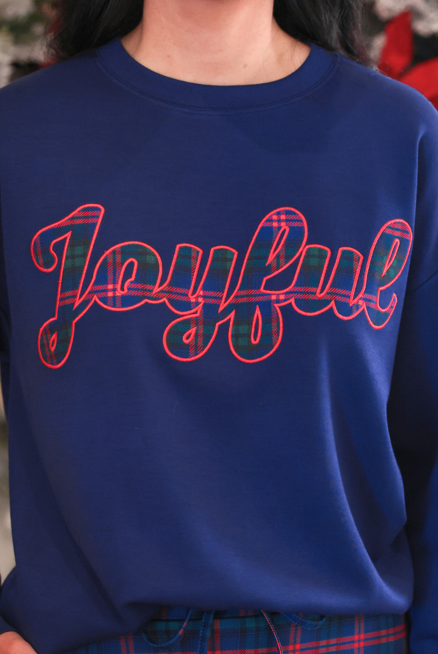 PREORDER- Joyful Plaid Patch Luxe Pullover-Pullover-Dear Me Southern Boutique, located in DeRidder, Louisiana