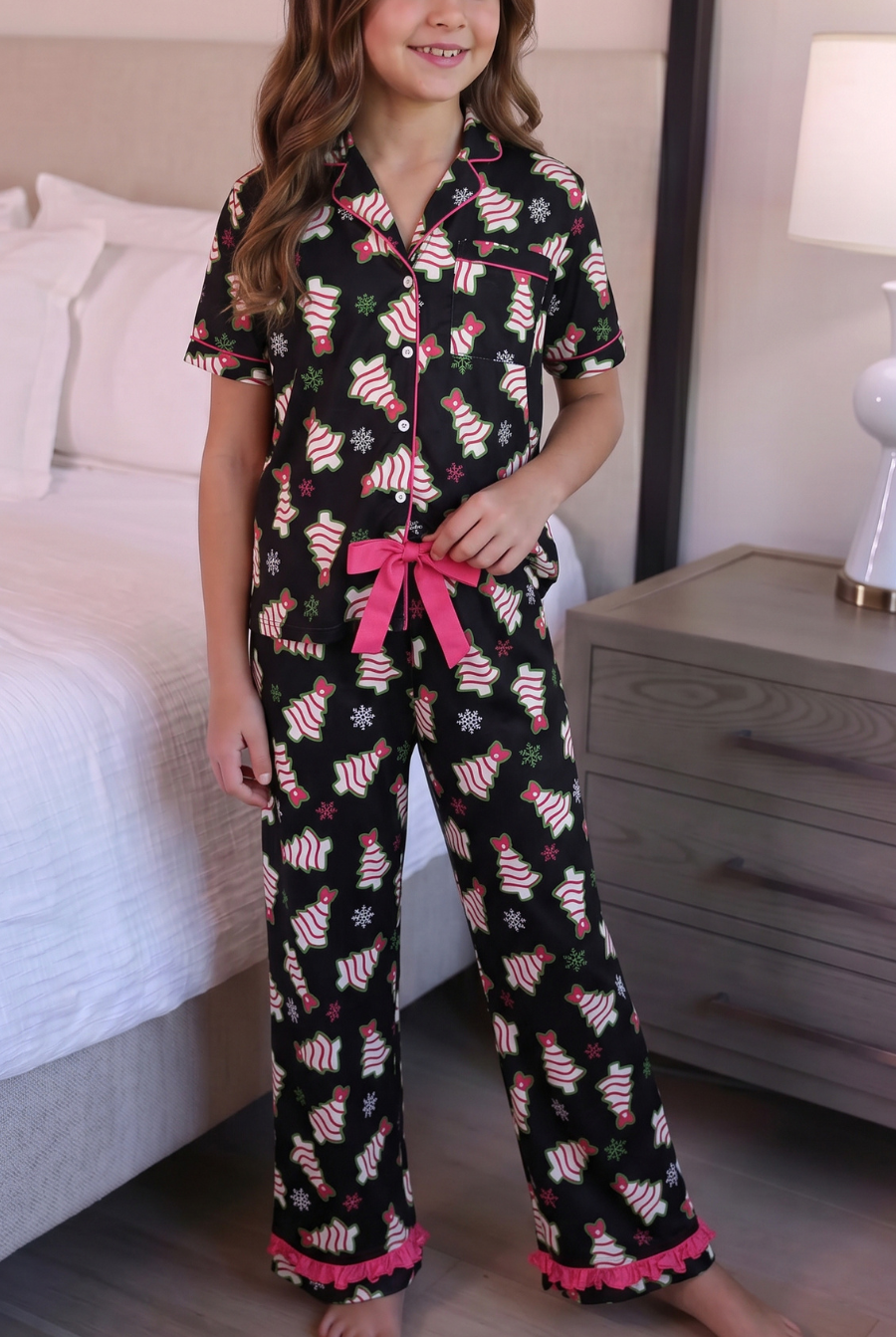 PREORDER- Merry Bow Christmas Treat Girls Ruffle Pajama Set-Apparel Set-Dear Me Southern Boutique, located in DeRidder, Louisiana