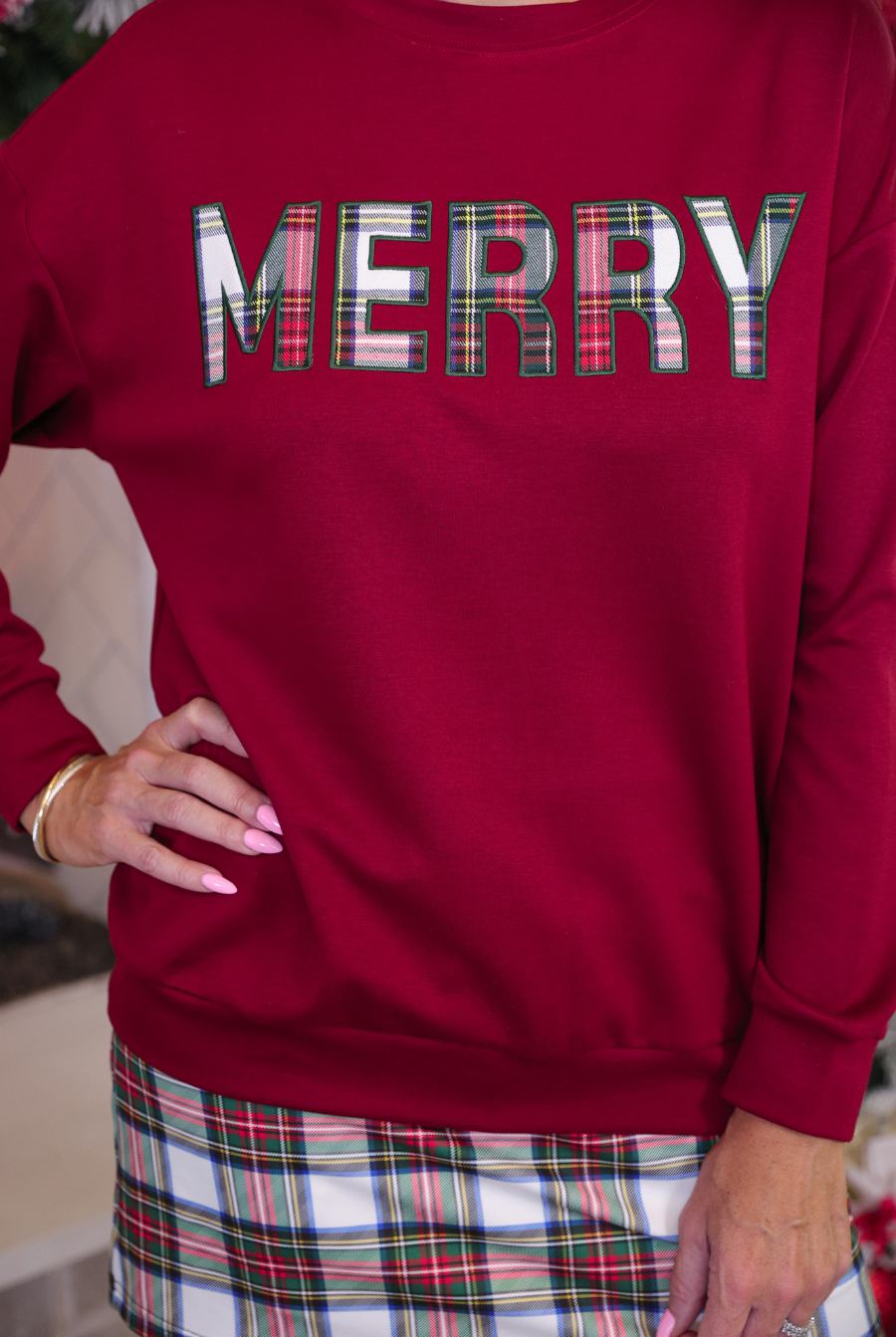 PREORDER- Merry Plaid Patch Luxe Pullover-pullover-Dear Me Southern Boutique, located in DeRidder, Louisiana