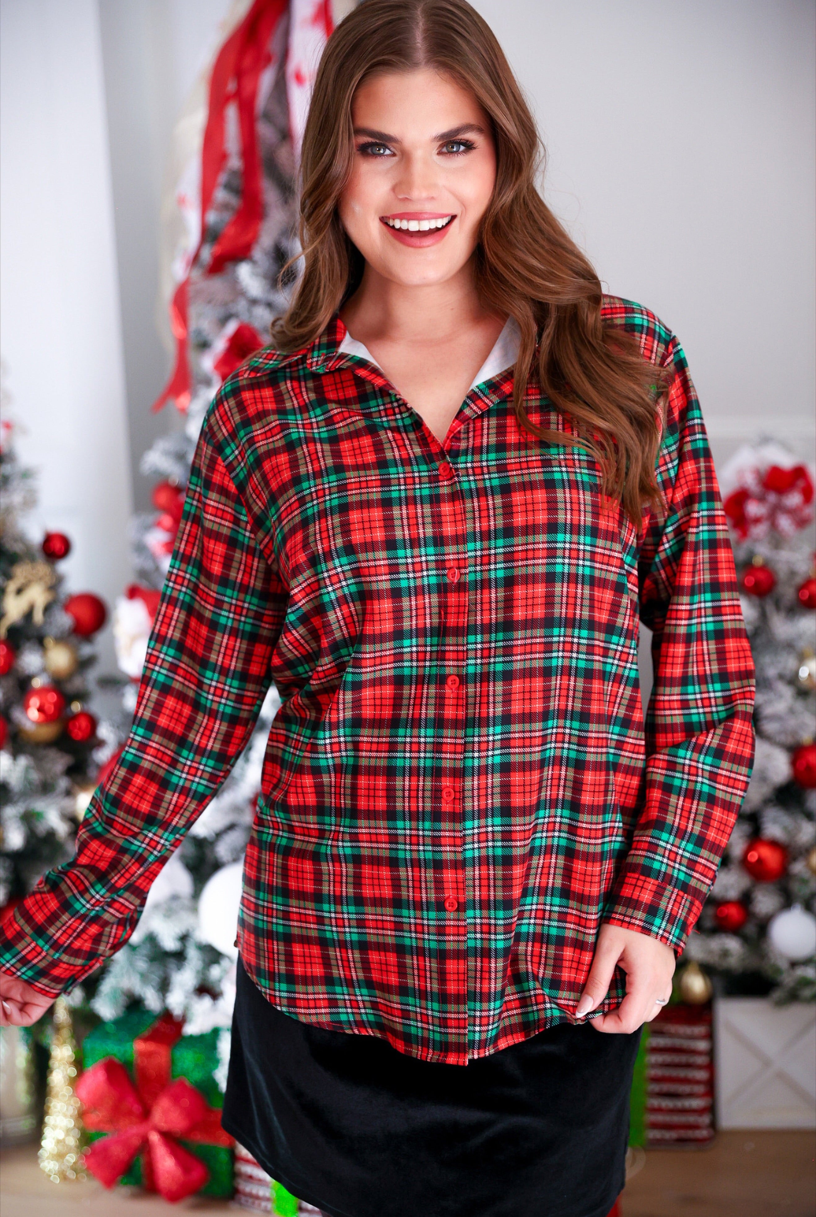 PREORDER- Nina Button Up Tunic- Christmas Plaid-Top-Dear Me Southern Boutique, located in DeRidder, Louisiana