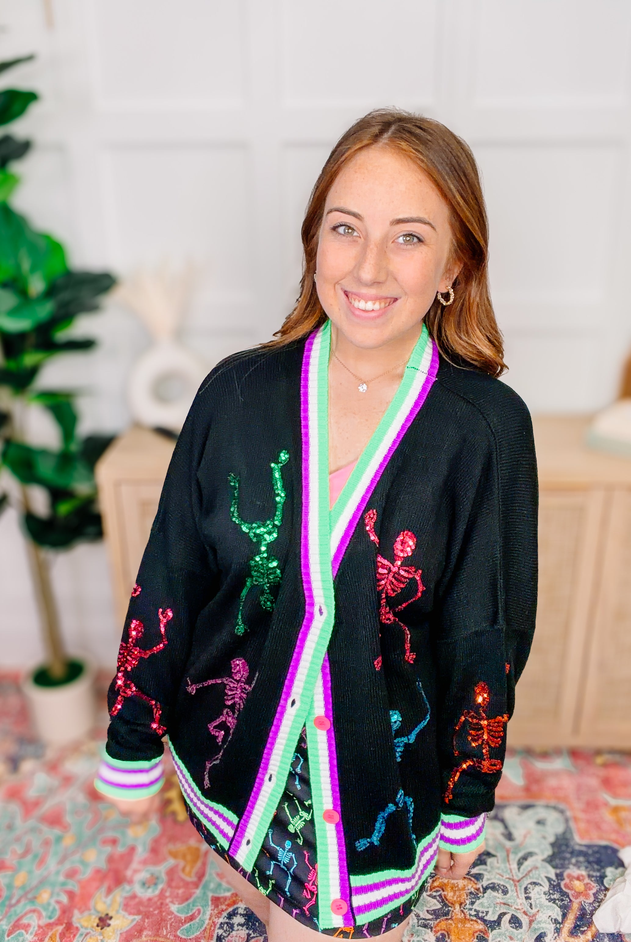 PREORDER: Party Skeletons Cardigan-Cardigans-Dear Me Southern Boutique, located in DeRidder, Louisiana