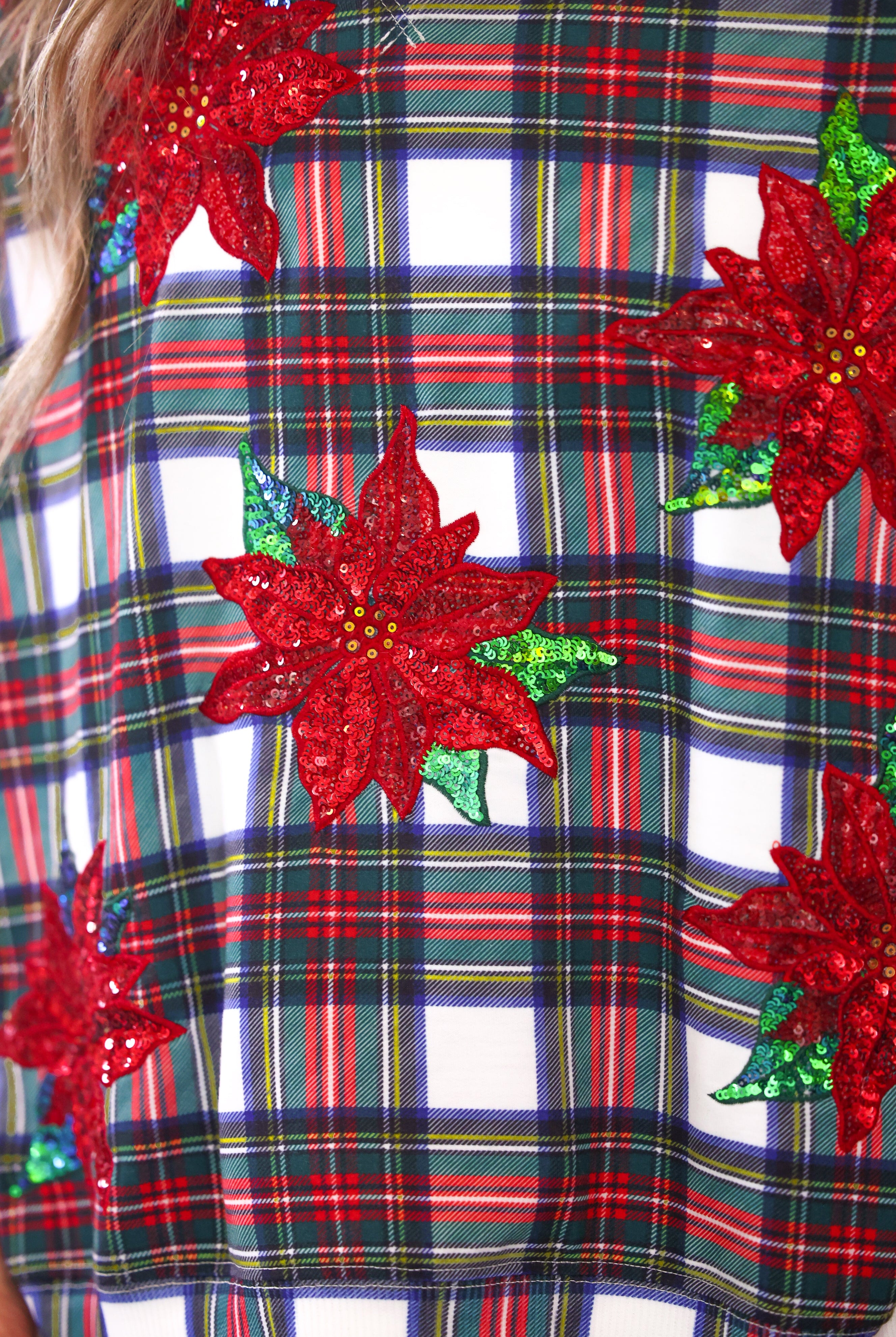 PREORDER- Plaid Poinsettia French Terry Pullover-pullover-Dear Me Southern Boutique, located in DeRidder, Louisiana