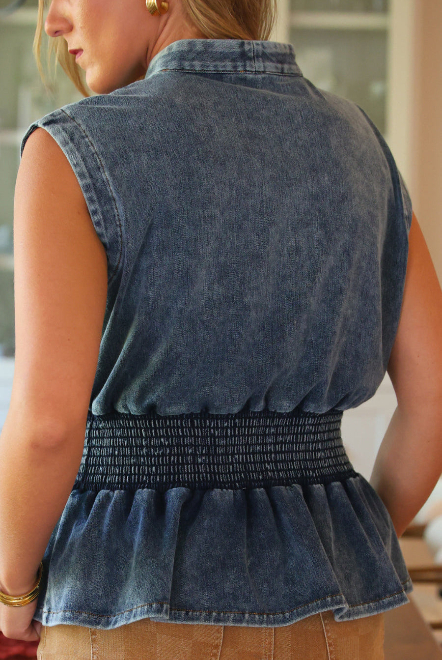 PREORDER- Refined Denim Peplum Top- Light Wash-Top-Dear Me Southern Boutique, located in DeRidder, Louisiana