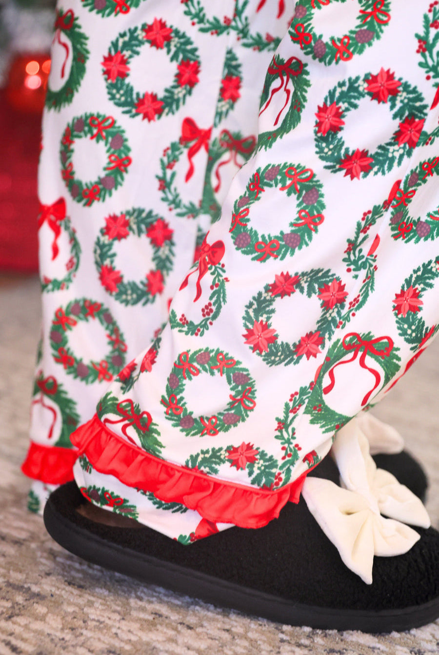 PREORDER- Ribbon Wreath Ruffle Pajama Set-Pajama-Dear Me Southern Boutique, located in DeRidder, Louisiana