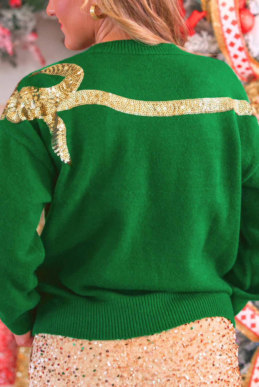 PREORDER- Sequin Bow Knit Sweater- Green/Gold-Presales-Dear Me Southern Boutique, located in DeRidder, Louisiana