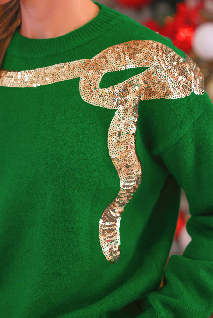 PREORDER- Sequin Bow Knit Sweater- Green/Gold-Sweater-Dear Me Southern Boutique, located in DeRidder, Louisiana