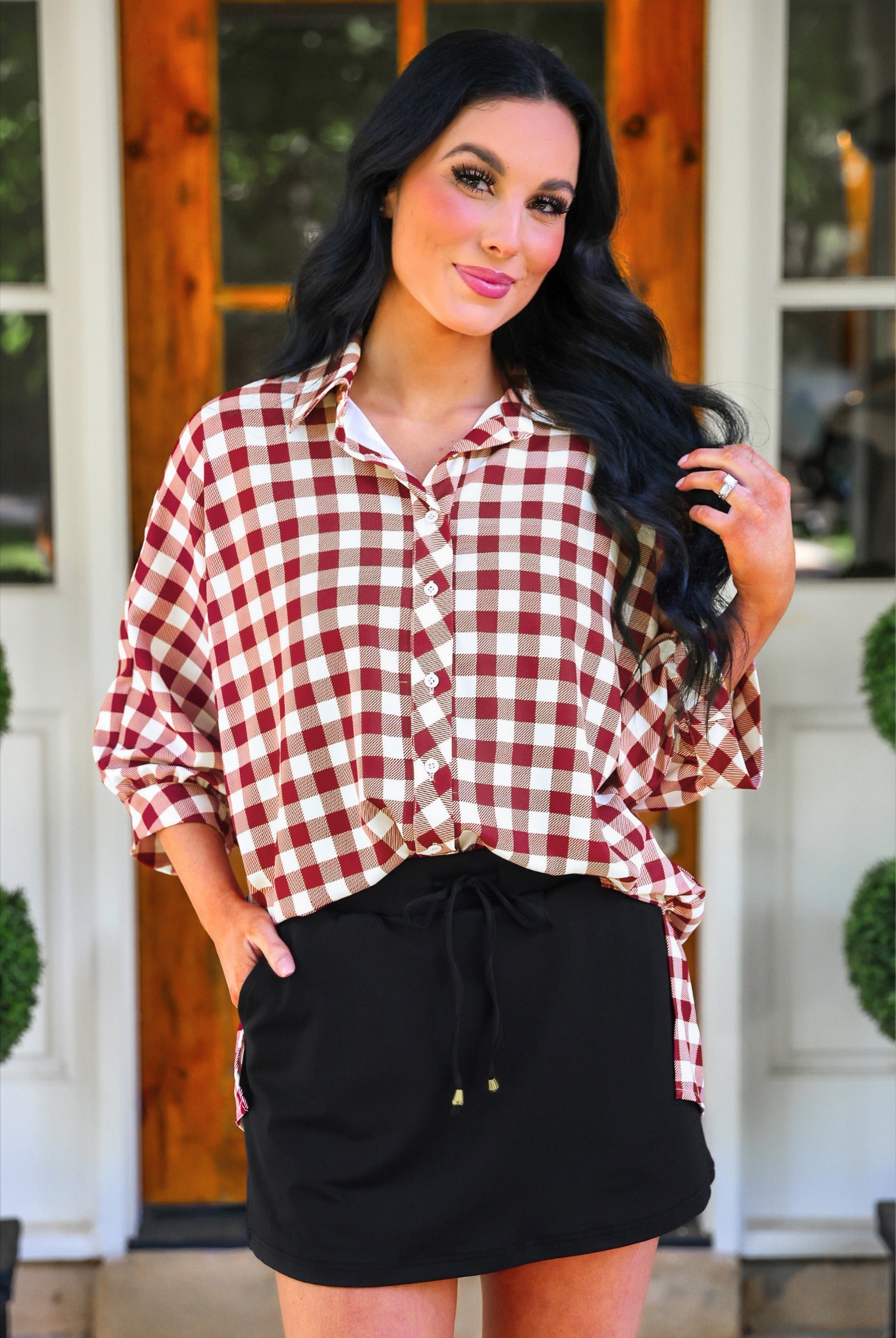 PREORDER- Sloane Button Up Top- Burgundy Gingham-Top-Dear Me Southern Boutique, located in DeRidder, Louisiana